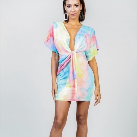 NWOT Latiste Tie Dye Colorful Plunge Dress - Picture 1 of 13